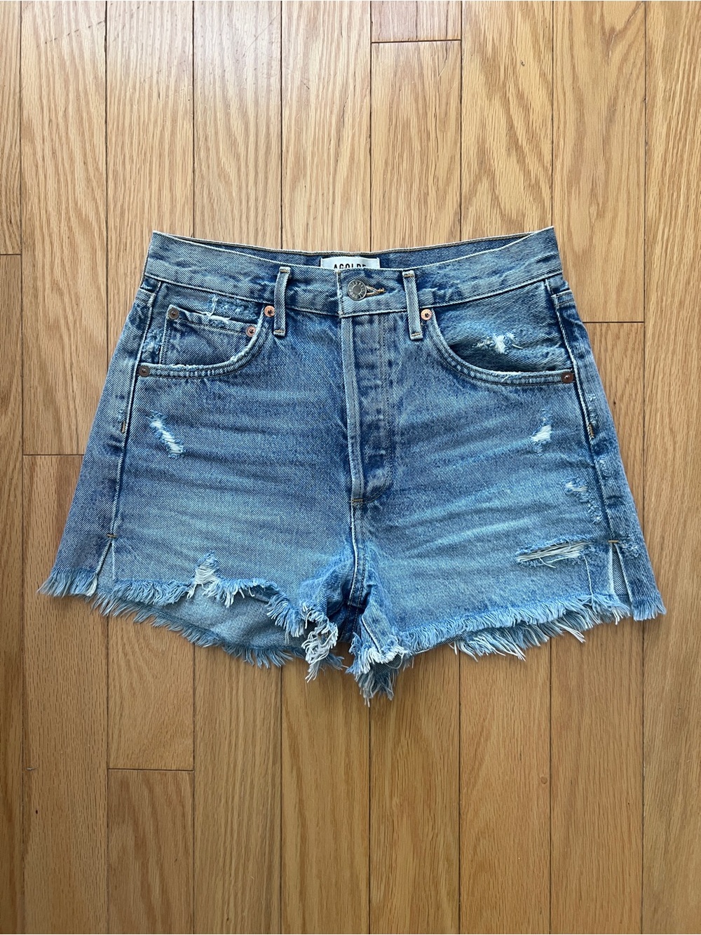 Agolde Light Blue Distressed High-Rise Denim Shorts